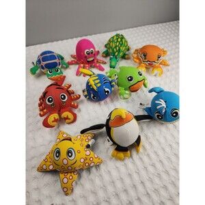 Lot Of 10 Berk Toys Stuffed Animal Toys 1999 Penquin Turtle Alligator Frog Shark